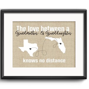 L’amour entre une grand-mère et une petite-fille ne connaît aucune distance Impression de toile de jute personnalisée, cadeau personnalisé pour maman, n’importe quelle carte, cadeau de fête des mères