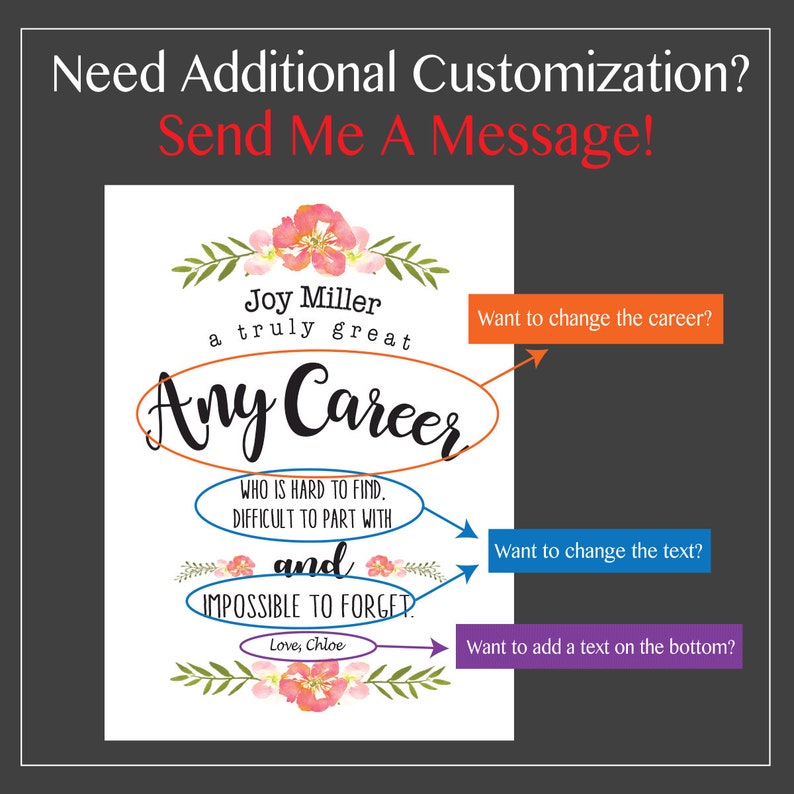 May include: A printable digital download of a personalized quote for a coworker. The quote reads "Joy Miller a truly great Any Career who is hard to find, difficult to part with and impossible to forget. Love, Chloe".