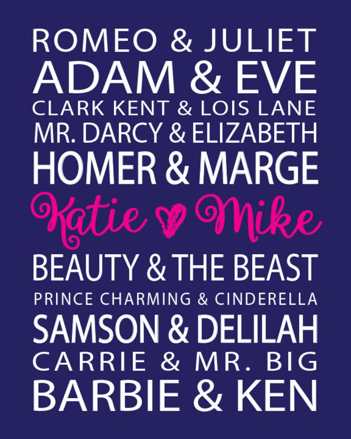 Famous Couples Print wall art custom names wedding Etsy