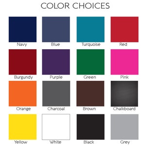 Puede incluir: Imagen que muestra una carta de colores con el texto "COLOR CHOICES" en la parte superior. La carta presenta 16 muestras de color, incluyendo azul marino, azul, turquesa, rojo, borgo&ntilde;a, morado, verde, rosa, naranja, carb&oacute;n, marr&oacute;n, pizarra, amarillo, blanco, negro y gris.