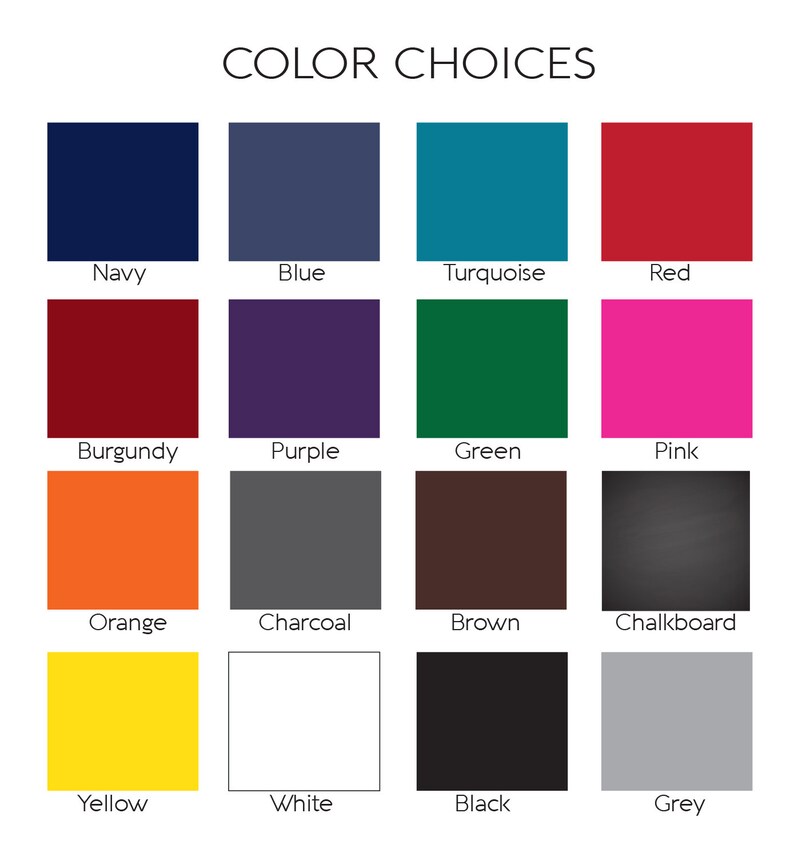 Puede incluir: Imagen que muestra una carta de colores con el texto "COLOR CHOICES" en la parte superior. La carta presenta 16 muestras de color, incluyendo azul marino, azul, turquesa, rojo, borgo&ntilde;a, morado, verde, rosa, naranja, carb&oacute;n, marr&oacute;n, pizarra, amarillo, blanco, negro y gris.