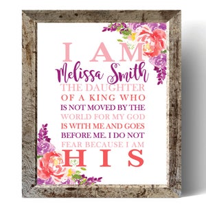 DIGITAL I Am His Christian Wall Art, Daughter of a King Nursery Print, Girl&#39;s Room Decor, Personalized Decor, Baby Shower Gift- ANY SIZE