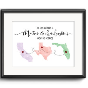 L’amour entre une mère et ses filles ne connaît pas de distance, cadeau de fête des mères, cadeau familial longue distance personnalisé, cadeau personnalisé pour maman