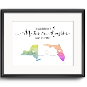 L’amour entre une mère et une fille ne connaît aucune distance, cadeau de la fête des mères, cadeau familial longue distance personnalisé, impression personnalisée en toile de jute d’État
