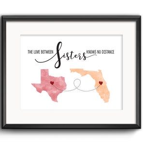 The Love Between Sisters Knows No Distance Print, Fernschwestern Geschenk, Geschenk für Schwester, Weihnachtsgeschenk für Schwester, Schwester Andenken