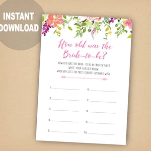 How Old Was The Bride Game, Flower Bridal Shower Games, Printable Guess Her Age Bridal Game, Pink Floral How Old Is The Bride Game
