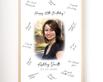 May include: A framed print with a photograph of a woman, surrounded by handwritten messages and signatures. The text "Happy 30th Birthday!" is above the photo, with the name "Ashley Smith" and the date "05.27.2026" below.