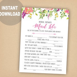 Bridal Shower Mad Libs Game, Bridal Shower Games Printable, Pink Watercolor Flowers Bridal Shower Mad Libs, Mad Libs, Instant Download
