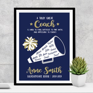 May include: A navy blue printable poster with gold text that reads "A truly great *Coach* is hard to find, difficult to part with, and impossible to forget." The poster features a white megaphone with gold text listing names and a white and gold pom-pom. The poster also includes the text "Anne Smith Sandstone High | 2018-2019".