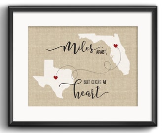 Going Away Gift, Long distance relations Gift, Best friend Gift, Sisters Gift, Two State Print, Miles apart but close at heart, Map Gift