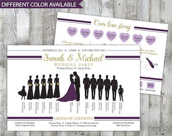 Infographic Wedding Program Design with Wedding Party Silhouettes,  Modern Elegant Unique Creative Wedding Program, DIY Printable Program
