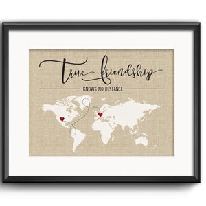 La véritable amitié ne connaît pas de distance, à des kilomètres l'un de l'autre mais pas au coeur, amis longue distance, cadeau de carte des deux États, carte internationale du monde