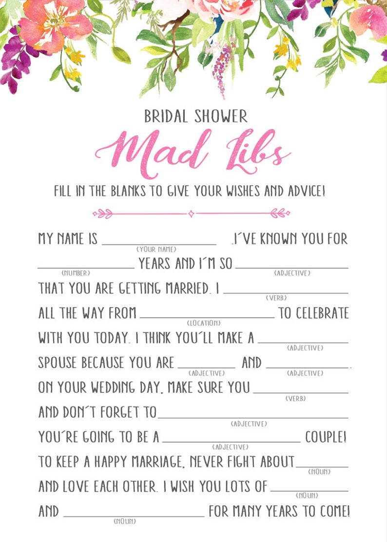 Bridal Shower Mad Libs Printable Free