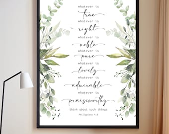 Philippians 4:8 Scripture Wall Art, Watercolor Greenery (Digital Download)