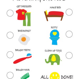 Op de afbeelding: Een afdrukbare checklist voor kinderen om hun ochtendroutine te voltooien. De checklist bevat taken zoals aankleden, bed opmaken, tanden poetsen en speelgoed opruimen. De checklist heeft een lachend gezicht onderaan met de tekst "Alles klaar!"