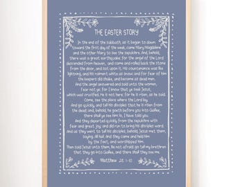 May include: A framed print with a blue background and white text. The text, "THE EASTER STORY," is surrounded by a decorative border. The text is from Matthew 28:1-10, describing the resurrection of Jesus.