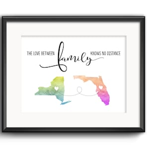 Die Liebe zwischen Familie kennt keine Distanz Druck, Fern Familien Geschenk, Heimat Zustand Geschenke, Weihnachtsgeschenk für Eltern, Aquarell Karte Kunst
