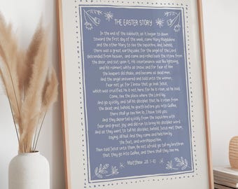 May include: A framed print with the text "The Easter Story" in a blue frame. The text is surrounded by a decorative border with floral elements. The print is displayed on a wooden surface.