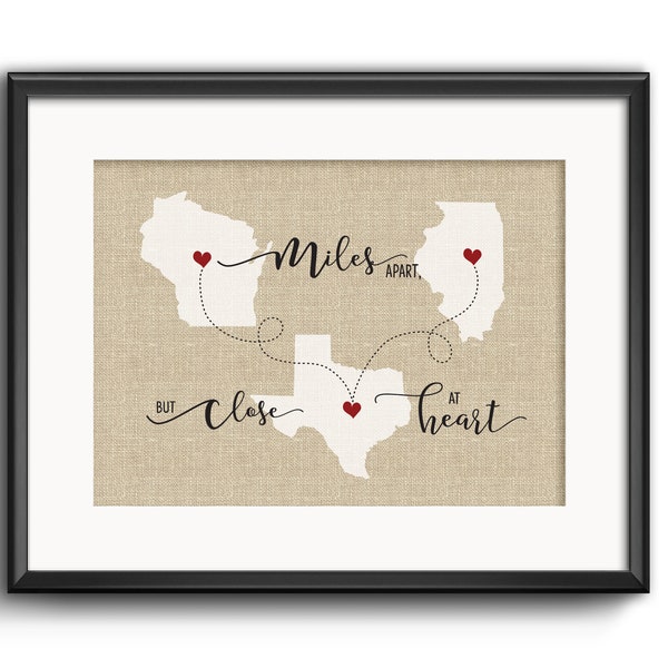 Moving Away Gift, Going Away Gift, Long distance gift, Family gift, Best friend Gift,  Custom Three State, Miles apart but close at heart