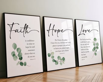 Faith Hope Love Bible Verse Wall Art, Hebrews 11, Jeremiah 29, John 3 16, Christian Decor, Bible Verse Art, Scripture Quote Set of 3 Prints