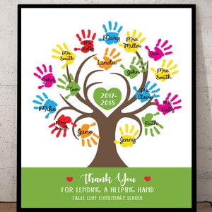 May include: A colorful handprint tree with the names of students and teachers. The tree has a green heart with the text "2017-2018" and a green banner at the bottom with the text "Thank You for lending a helping hand Eagle Cliff Elementary School".