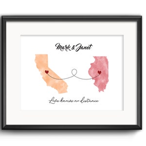 Cadeau de déménagement personnalisé, relation de meilleur ami à distance Carte à deux États, cadeau de départ, L’amour ne connaît pas de distance, Aquarelle Art d’État