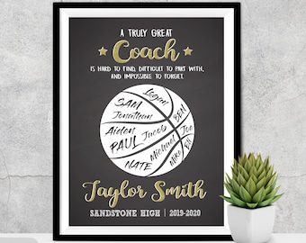 May include: A black and white chalkboard with a gold glitter basketball design. The text "A truly great Coach is hard to find, difficult to part with, and impossible to forget" is written on the chalkboard. The basketball has the names of players written on it. The text "Taylor Smith Sandstone High 2019-2020" is written at the bottom of the chalkboard.