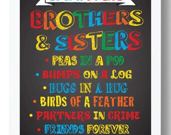 Foedor Kids Room Wall Art - "Brother & Sisters Rules" Poster In Wooden Hanger Frame, 12x16 Inches, Nursery Decor