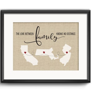 L’amour entre la famille ne connaît pas d’impression à distance, cadeau de famille longue distance, carte des États américains, cadeaux de l’État d’origine, cadeau de Noël pour les parents