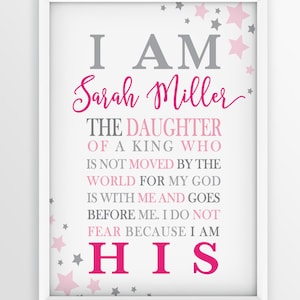 Personalized Baptism Printable, I Am His, Son of a King, Daughter of a King, Girl Nursery Wall Art, Children&#39;s Room Decor, Baby Shower Gift