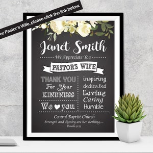May include: Black and white printable sign with a floral design and the text "Janet Smith - We Appreciate You - Pastor's Wife - Thank You - Inspiring - Dedicated - For Your Kindness - Loving - Caring - We  you - Humble - Central Baptist Church - Strength and dignity are her clothing... - Proverbs 31:25"