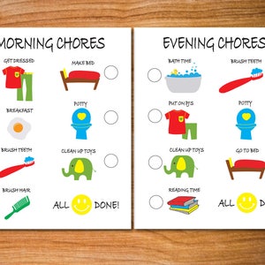 Op de afbeelding: Een afdrukbare checklist voor kinderen met illustraties van ochtend- en avondtaken. De checklist bevat activiteiten zoals aankleden, bed opmaken, tanden poetsen en naar bed gaan. De checklist heeft vinkjes voor elke taak en een smiley-gezicht wanneer alle taken zijn voltooid.