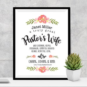 May include: A printable sign with a floral design and the text "Janet Miller a truly great Pastor's Wife WHO IS INSPIRING, HELPFUL. ENCOURAGING, COMMITTED, DEDICATED RELIABLE, RESPECTFUL, LOYAL, also CARING, LOVING & KIND. Love, Trinity Baptist Church"