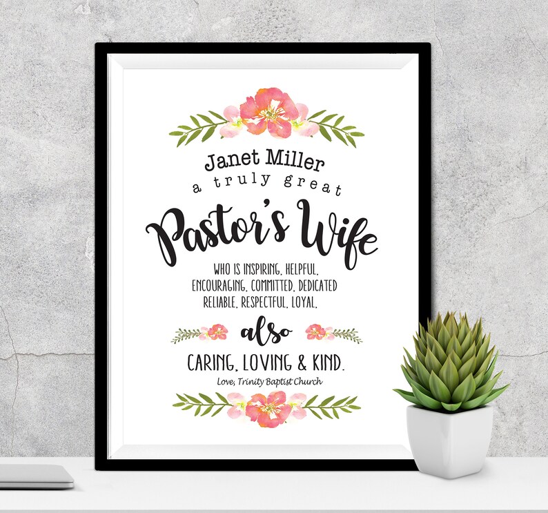May include: A printable sign with a floral design and the text "Janet Miller a truly great Pastor's Wife WHO IS INSPIRING, HELPFUL. ENCOURAGING, COMMITTED, DEDICATED RELIABLE, RESPECTFUL, LOYAL, also CARING, LOVING & KIND. Love, Trinity Baptist Church"