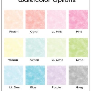 May include: A chart of watercolor paint colors with names for each color: Peach, Coral, Light Pink, Pink, Yellow, Green, Light Lime, Lime, Light Blue, Blue, Purple, Grey.
