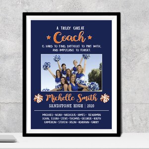 May include: Framed navy blue print with the text "A Truly Great Coach" and a photo of a cheerleading squad. The coach's name, "Michelle Smith," and the school name, "Sandstone High," are also displayed.