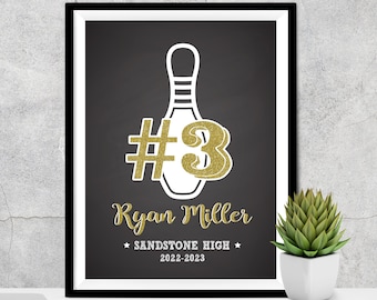 May include: A black and white bowling pin graphic with a gold glitter #3 on a black chalkboard background. The text "Ryan Miller", "Sandstone High", and "2022-2023" is printed below the graphic.