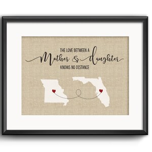 L'amour entre une mère et sa fille ne connaît pas de distance, cadeau de fête des mères, cadeau de famille interurbain personnalisé, impression personnalisée sur toile de jute