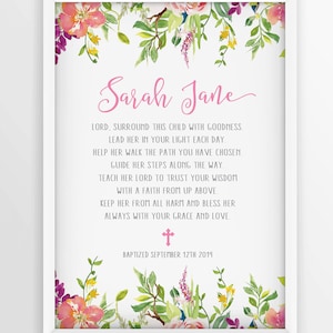 Personalized Baptism Prayer Sign for Girl, Watercolor Pink Floral Baptism Sign, Baptism Gift Girl,  Christening Gift, Baby Name Gift  Prayer