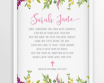 Personalized Baptism Prayer Sign for Girl, Watercolor Pink Floral Baptism Sign, Baptism Gift Girl,  Christening Gift, Baby Name Gift  Prayer