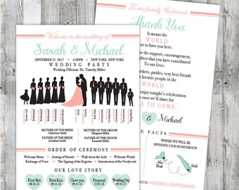 Infographic Wedding Program Design with Wedding Party Silhouettes,  Modern Elegant Unique Creative Wedding Program, DIY Printable Program