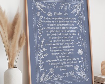 Psalm 23 The Lord is My Shepherd Bible Verse Wall Art Print, Christian Psalm Print, Vintage Floral Scripture Printable, Baptism Gift Nursery