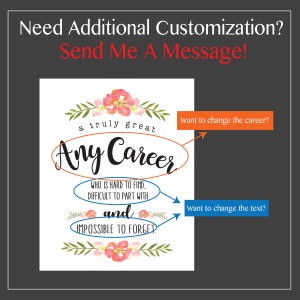 May include: A printable design for a quote about a career. The quote reads "a truly great Any Career who is hard to find, difficult to part with and impossible to forget". The design features pink flowers and green leaves. The text "Want to change the career?" and "Want to change the text?" are highlighted in orange and blue boxes.