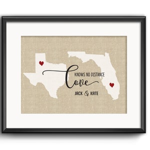L’amour ne connaît pas de distance, cadeau personnalisé de relation à distance, cadeau d’anniversaire de petit ami, impression d’art de couple, carte des États américains, cadeau de Saint-Valentin