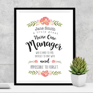 May include: A framed print with the text "Jane Smith a truly great Nurse Case Manager" in black script. The text is surrounded by floral watercolor accents. A small succulent in a white pot is on the right.
