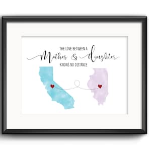 L’amour entre une mère et sa fille ne connaît pas de distance, cadeau de fête des mères, cadeau familial longue distance personnalisé, impression de toile de jute d’état personnalisée