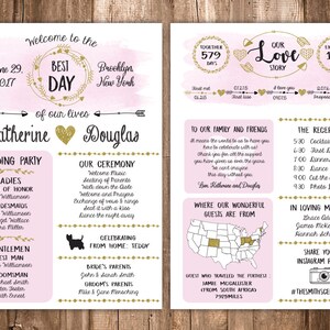 Könnte beinhalten: Eine rosafarbene und goldene Hochzeitseinladung mit Aquarellhintergrund. Die Einladung enthält die Namen des Paares, das Datum der Hochzeit und den Ort. Außerdem enthält sie Details zur Hochzeitsgesellschaft, zur Zeremonie und zum Empfang.