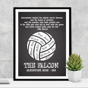 May include: Black framed print with a volleyball design. The print includes a quote by Mia Hamm and the text "THE FALCON SANDSTONE HIGH 2019" with names of team members. A small potted plant is in the foreground.