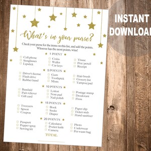 Gold Star Glitter What&#39;s in Your Purse Baby Shower Game Printable, Baby Shower Games Glitter Confetti Gold Baby Shower Game Instant Download