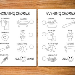 Op de afbeelding: Zwart-witte printbare takenlijst voor kinderen met illustraties van aankleden, bed opmaken, tanden poetsen, ontbijten, naar de wc gaan, pyjama aantrekken, naar bed gaan, lezen en speelgoed opruimen. De lijst heeft vinkjes voor elke taak en staat onderaan "Alles gedaan!"
